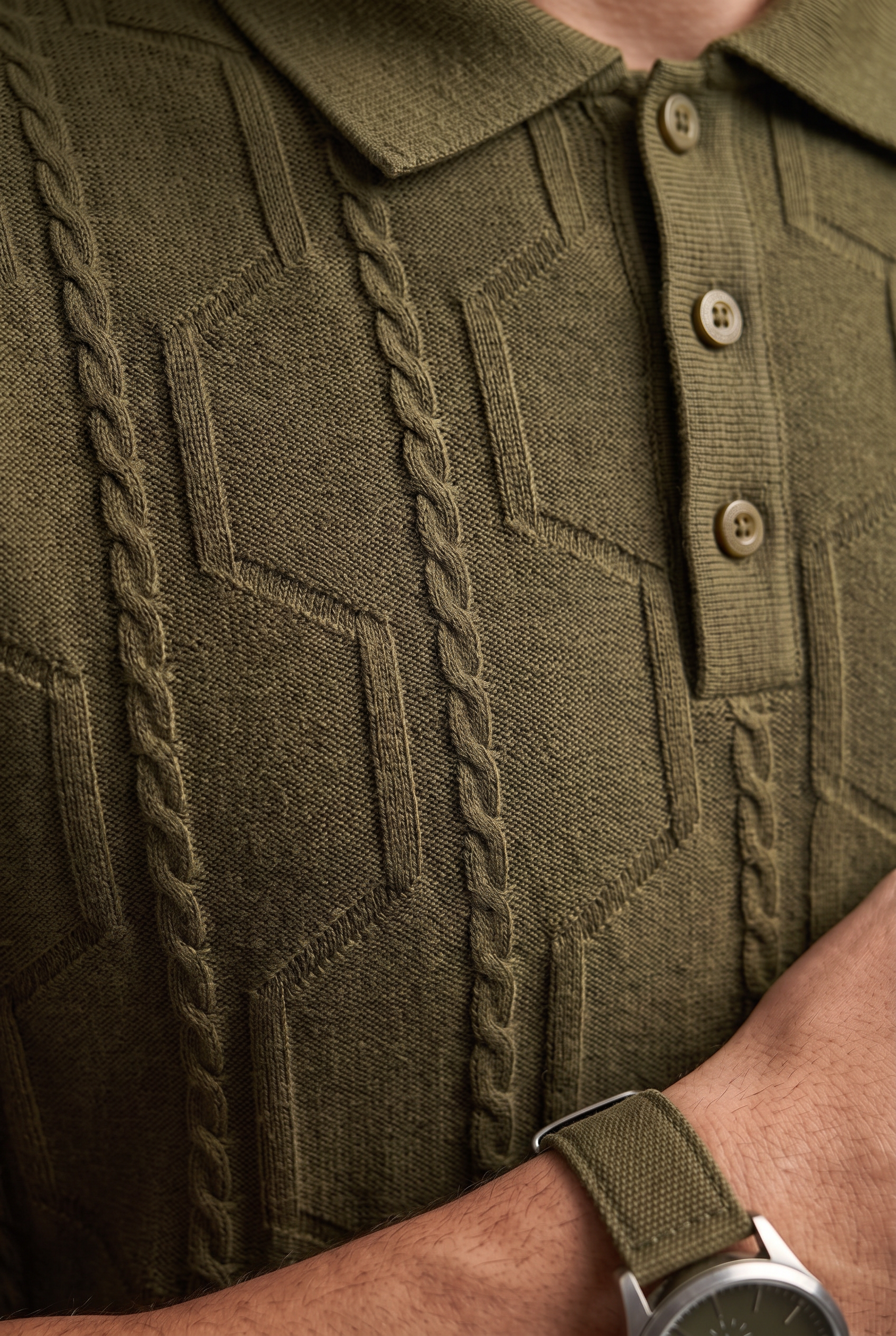 VANE Knit Polo in Olive — detail