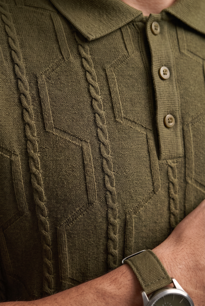 VANE Knit Polo in Olive — detail