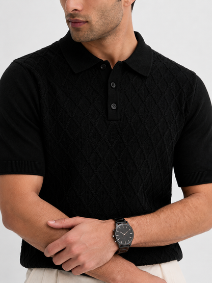 HIVE Knit Polo in black — torso close-up with arms folded, ribbed cuffs and textured knit across the chest