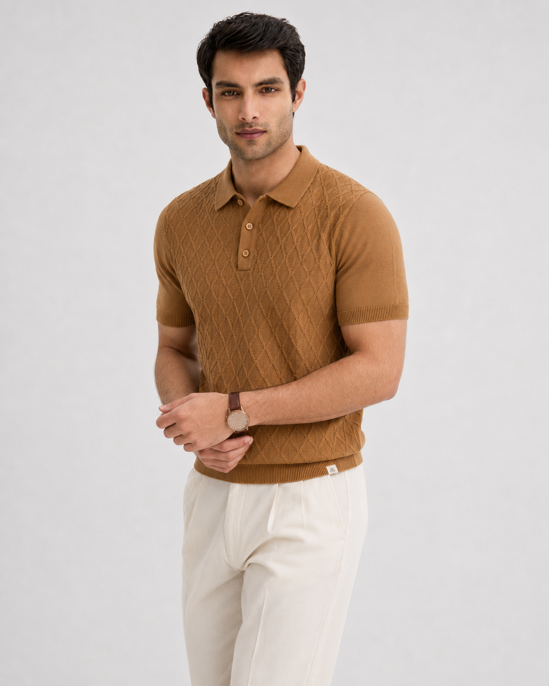 HIVE Knit Polo in Camel — front