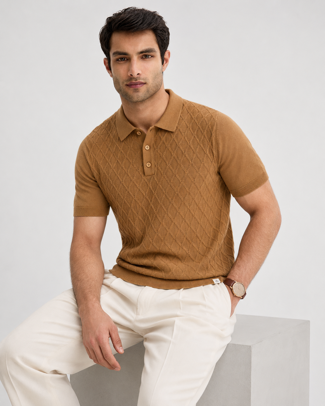 HIVE Knit Polo in Camel — on model