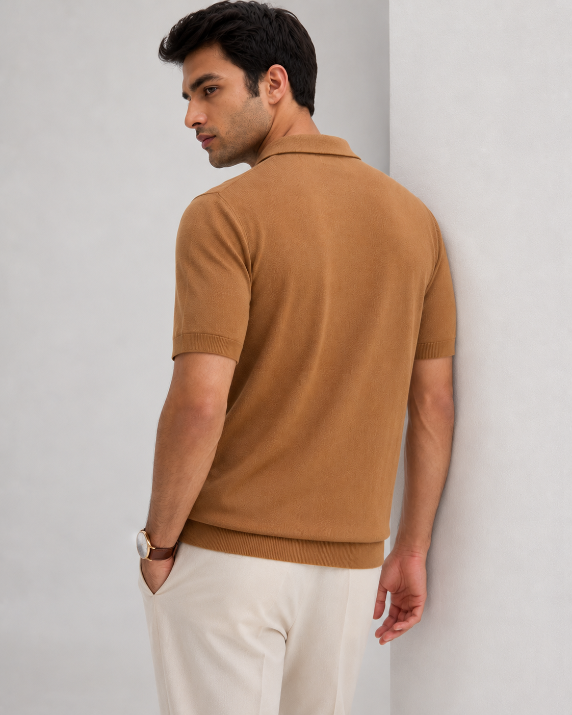 HIVE Knit Polo in Camel — back