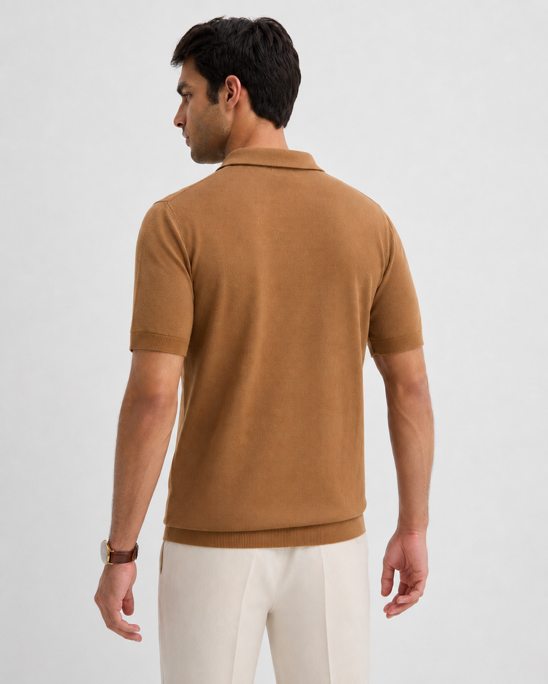 HIVE Knit Polo in Camel — back