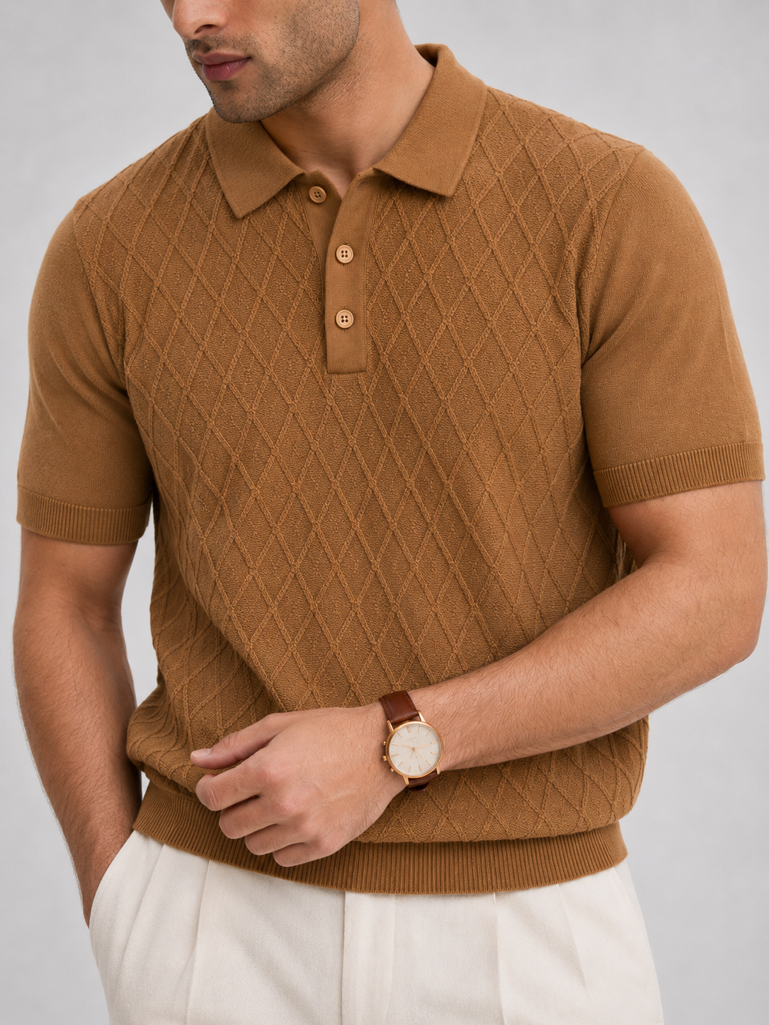 HIVE Knit Polo in Camel — detail