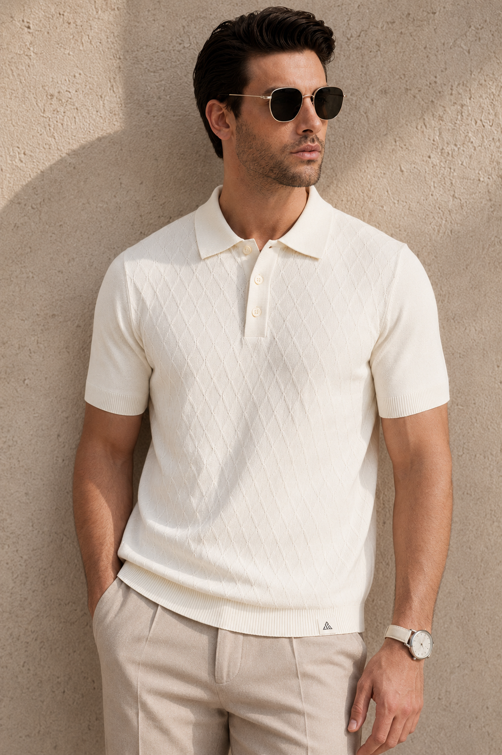 HIVE Knit Polo in Cream — on model