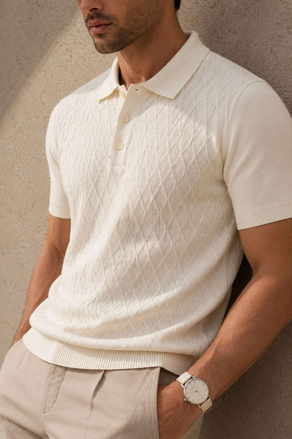 HIVE Knit Polo in Cream — detail