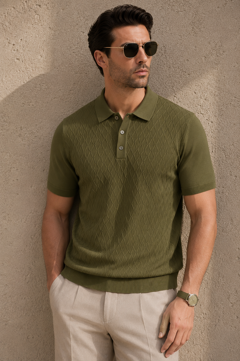 HIVE Knit Polo in Olive — front