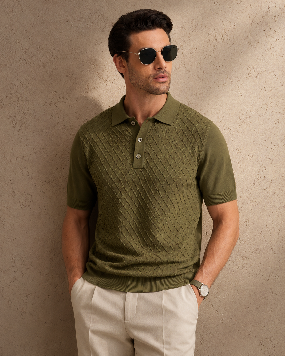 HIVE Knit Polo in Olive — on model