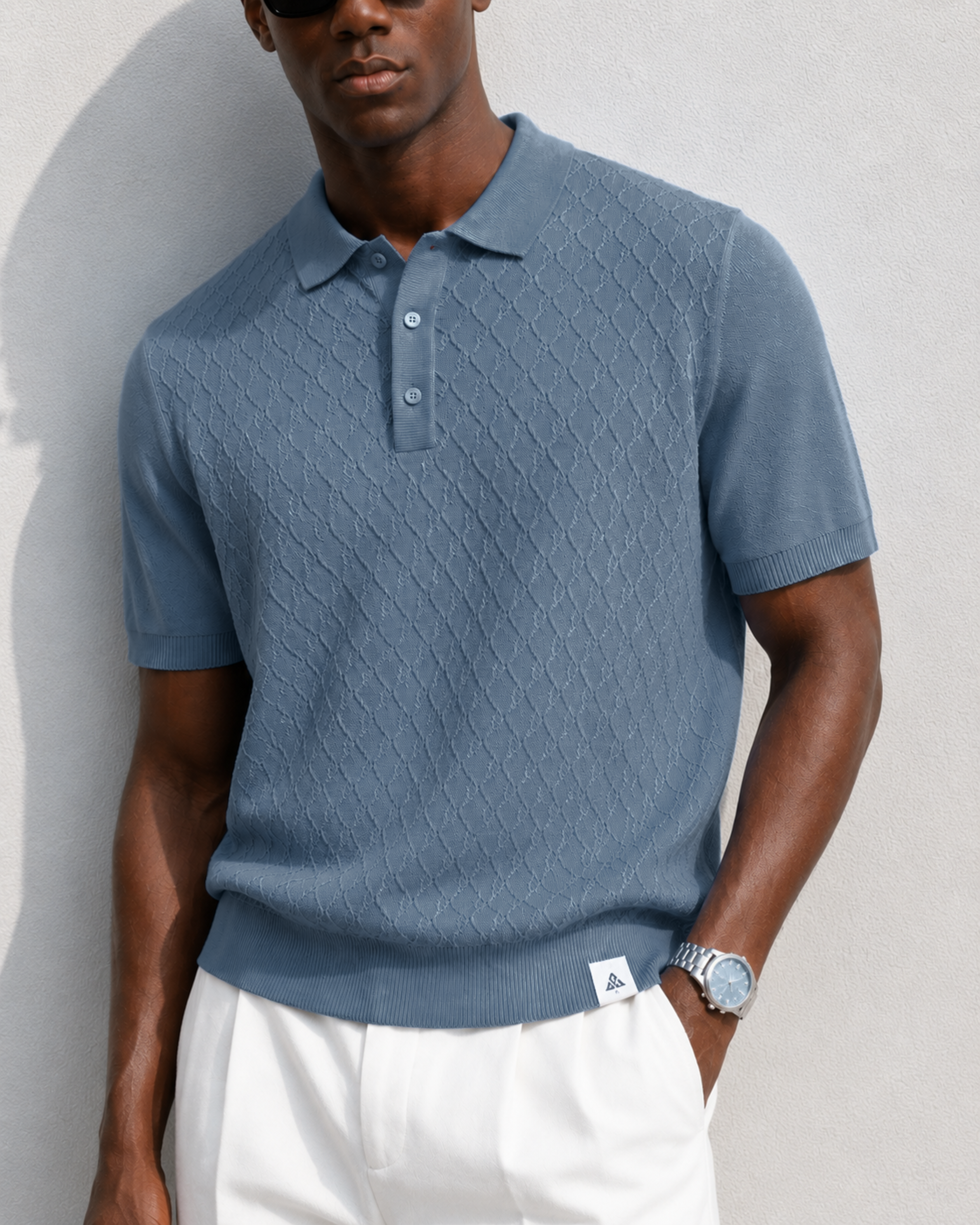 HIVE Knit Polo in Slate — on model