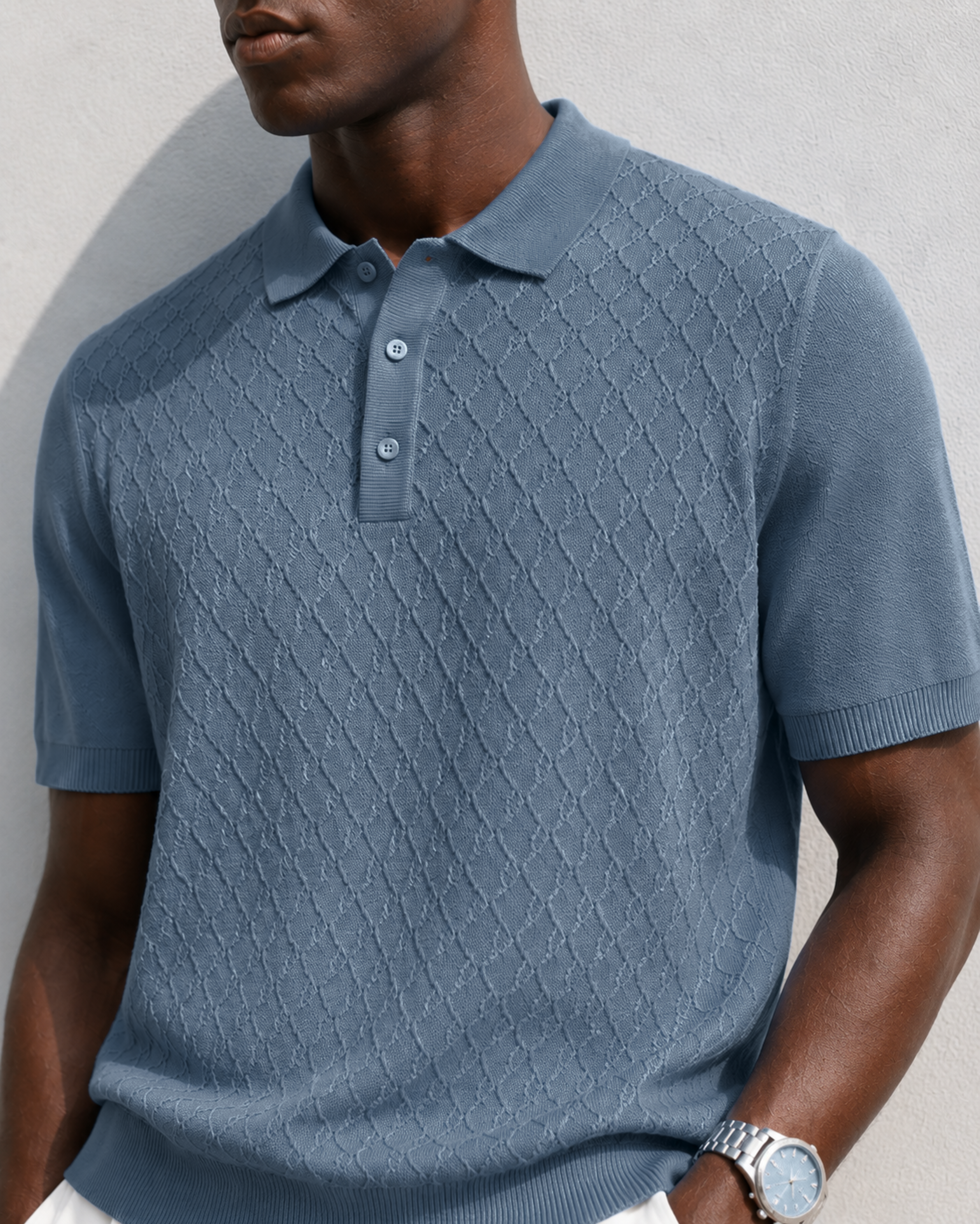 HIVE Knit Polo in Slate — detail