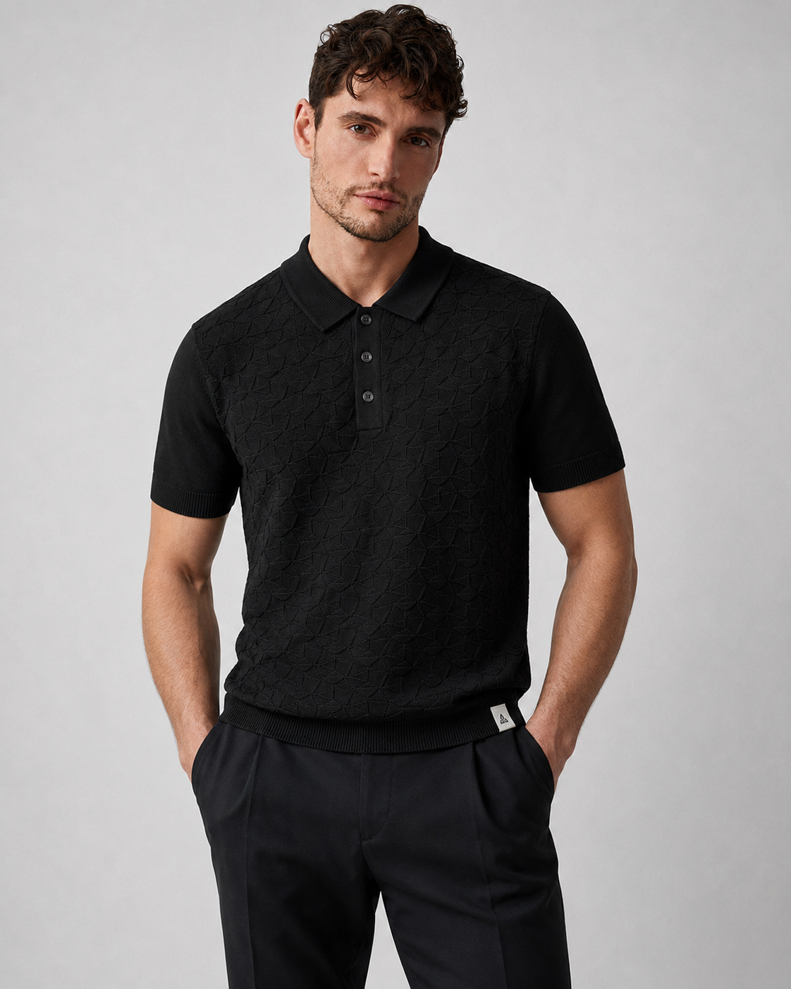 LEAF Knit Polo in Black — front