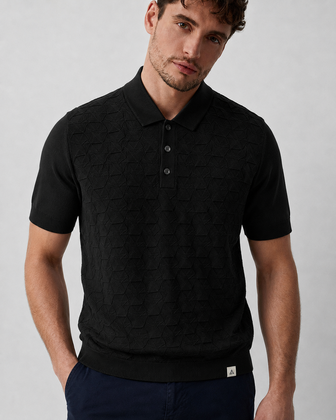 LEAF Knit Polo in Black — on model