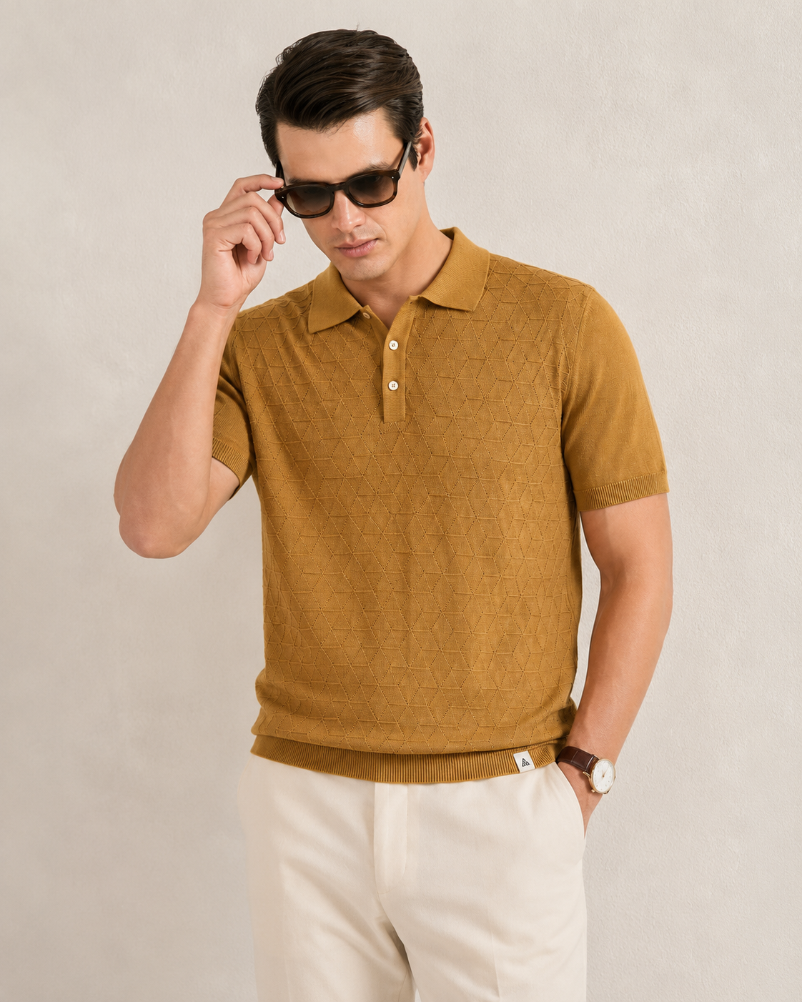 LEAF Knit Polo in Camel — front