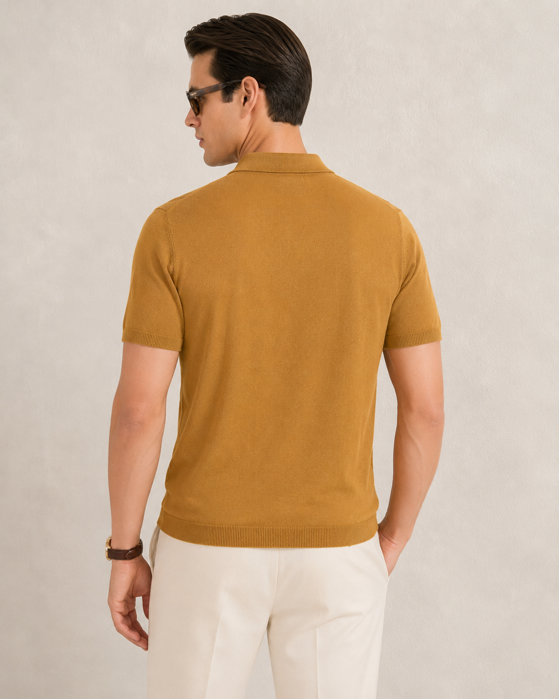 LEAF Knit Polo in Camel — back