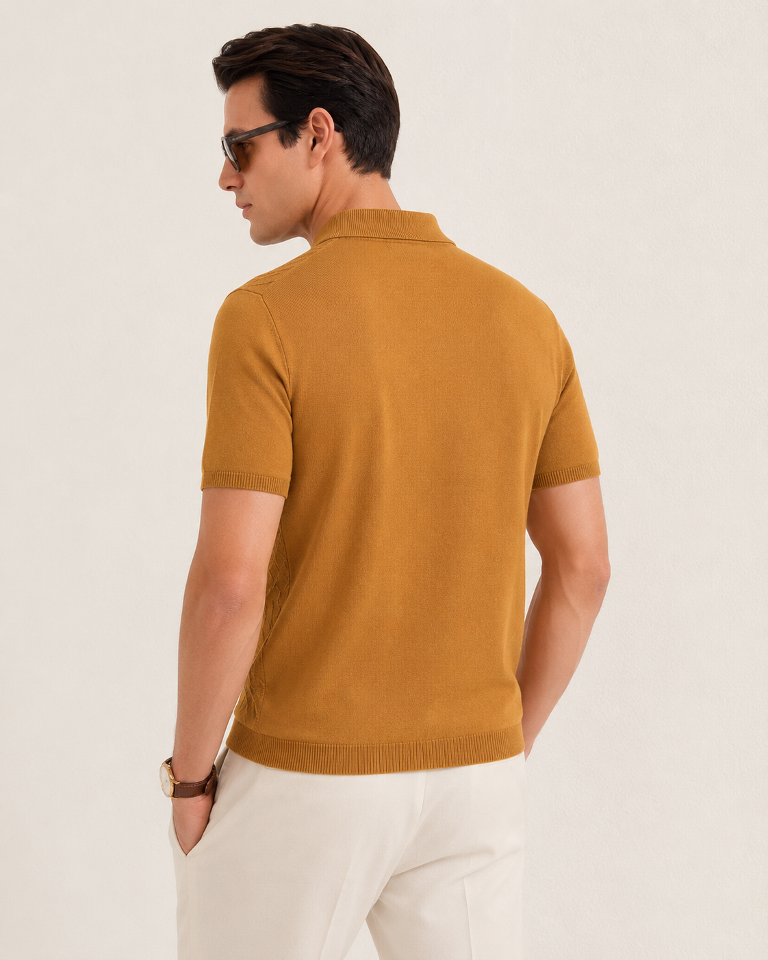 LEAF Knit Polo in Camel — back
