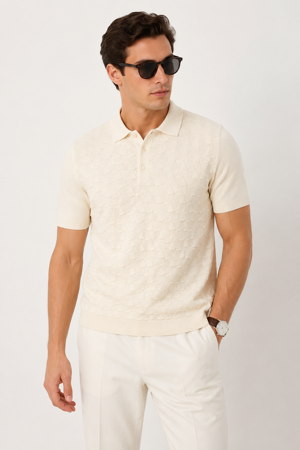 LEAF Knit Polo in Cream — front