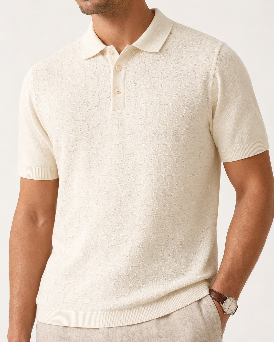 LEAF Knit Polo in Cream — detail