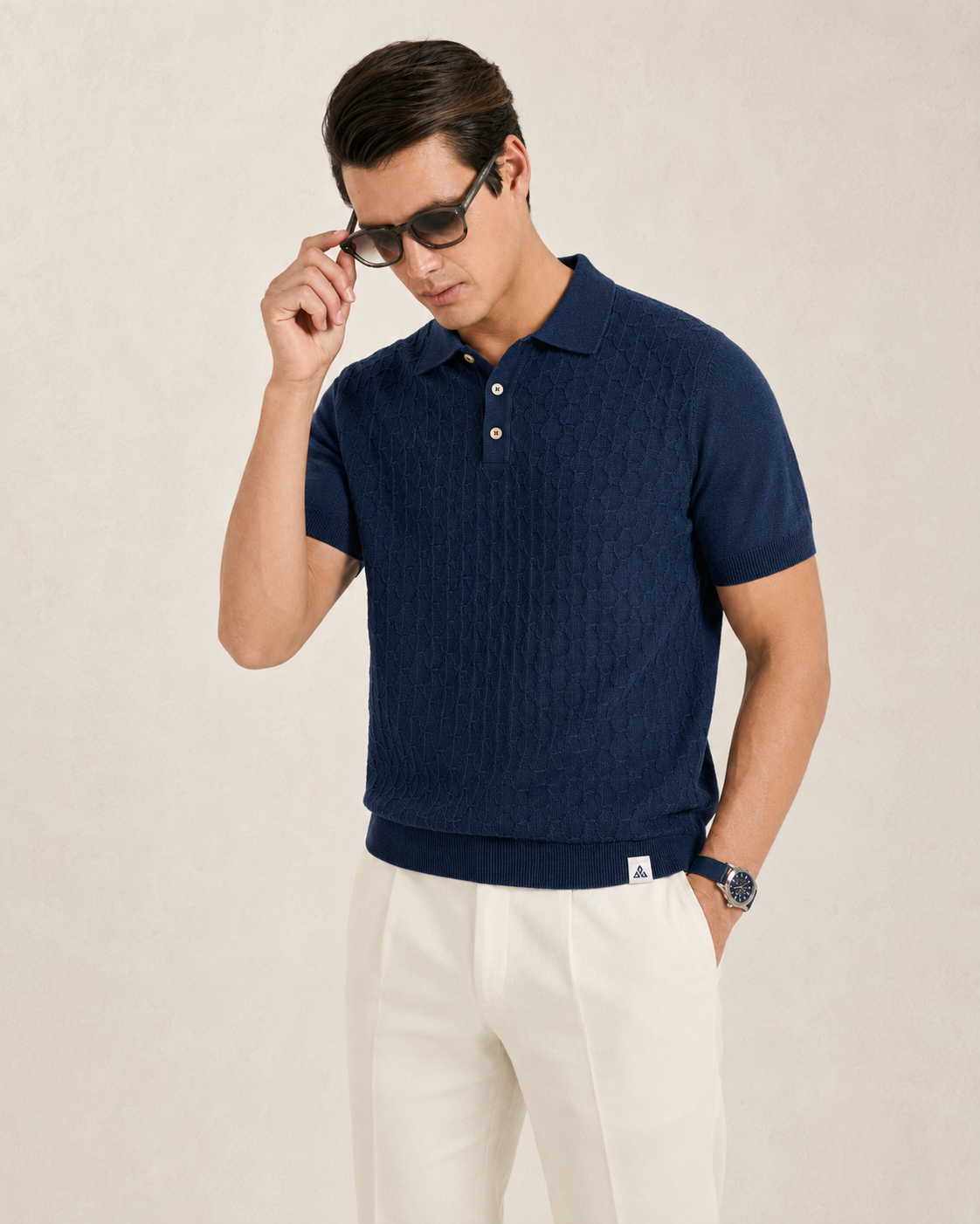 LEAF Knit Polo in Navy — on model