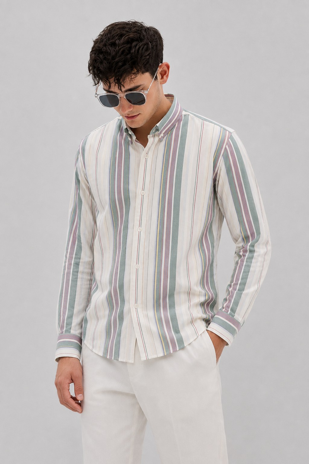 Sunya LEO cotton shirt in ecru with broad sage-green and dusty rose awning stripes, thin butter-yellow, cornflower-blue and brick-red lines, button-down collar.