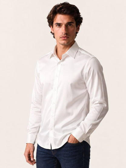 Sunya PISCES cotton-satin shirt in optic white, point collar and narrow placket with a soft sateen sheen.