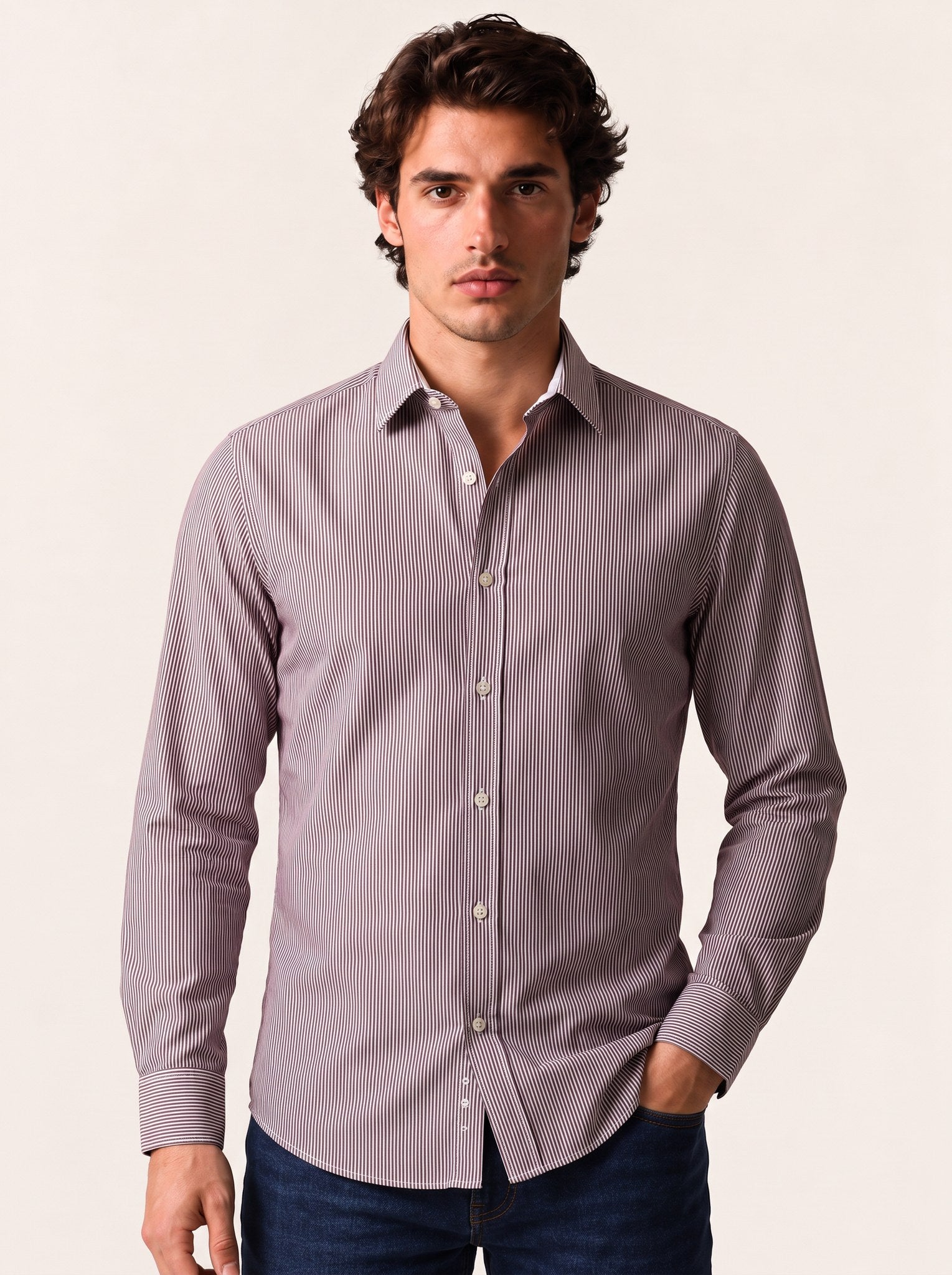 SCORPIO cotton shirt in oxblood, a dense maroon and white candy stripe with a button-down collar and concealed white inner collar band.
