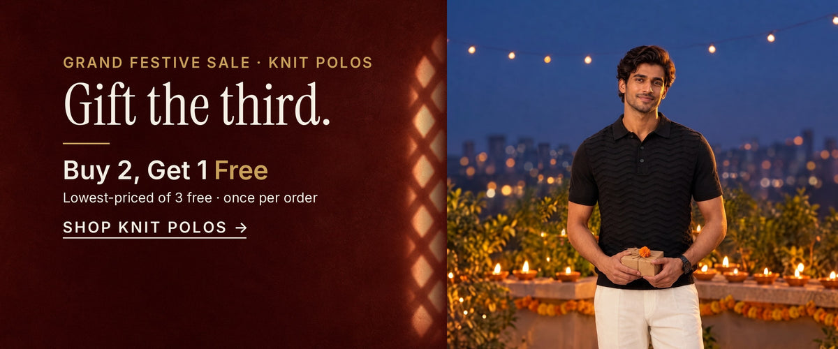 Grand Festive Sale, knit polos: gift the third. Buy 2, Get 1 Free. Lowest-priced of 3 free, once per order. A man in a black FERN knit polo holds a small gift on a rooftop lit with diyas at dusk. Shop knit polos.