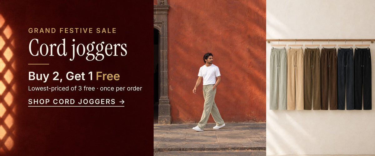 Grand Festive Sale, cord joggers: Buy 2, Get 1 Free. Lowest-priced of 3 free, once per order. A man in sage DHOOMR cord joggers walks past a terracotta wall. Shop cord joggers.