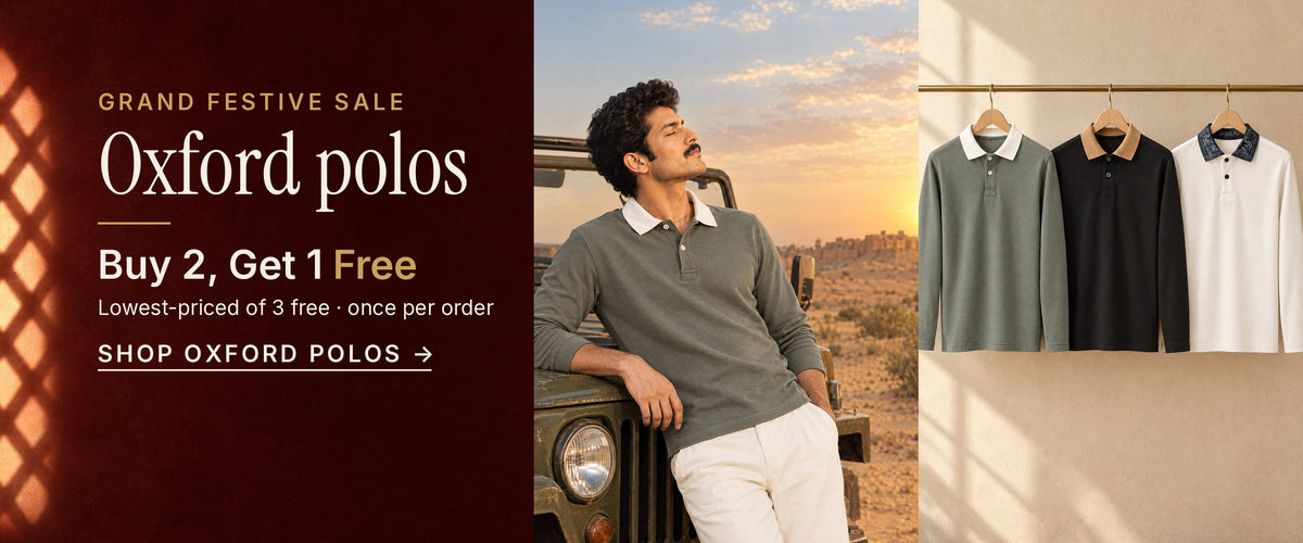 Grand Festive Sale, Oxford polos: Buy 2, Get 1 Free. Lowest-priced of 3 free, once per order. A man in the olive full-sleeve Oxford polo leans on a jeep in the desert at sunset. Shop Oxford polos.