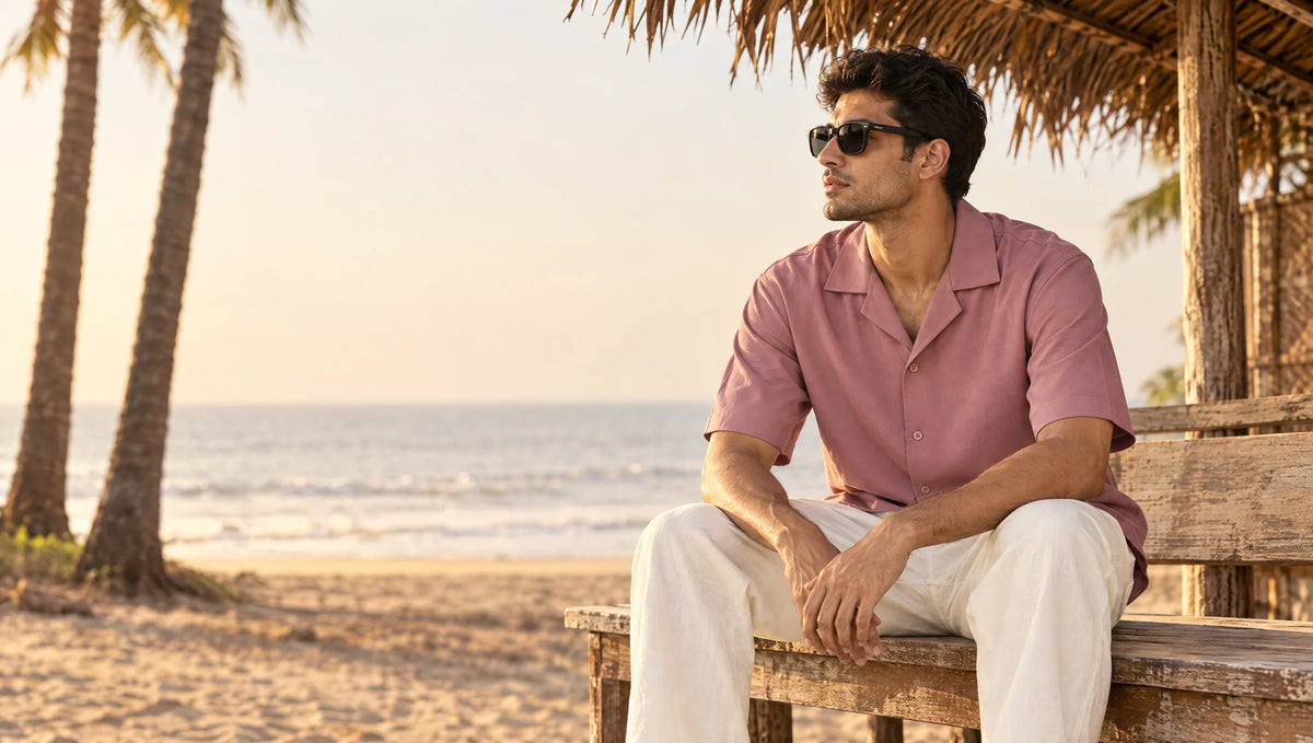 Man in the dusty rose GULABI shirt seated at a Goan beach shack in late-afternoon light