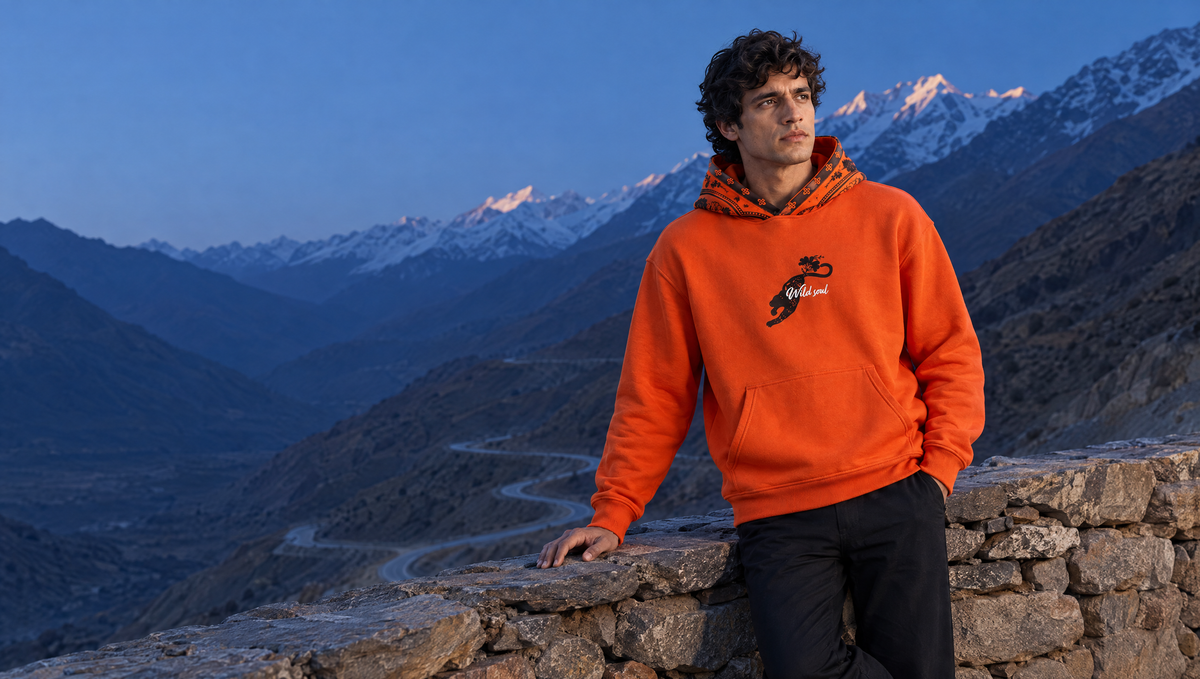 A man in the orange SPIRIT hoodie on a winding mountain road at blue dusk