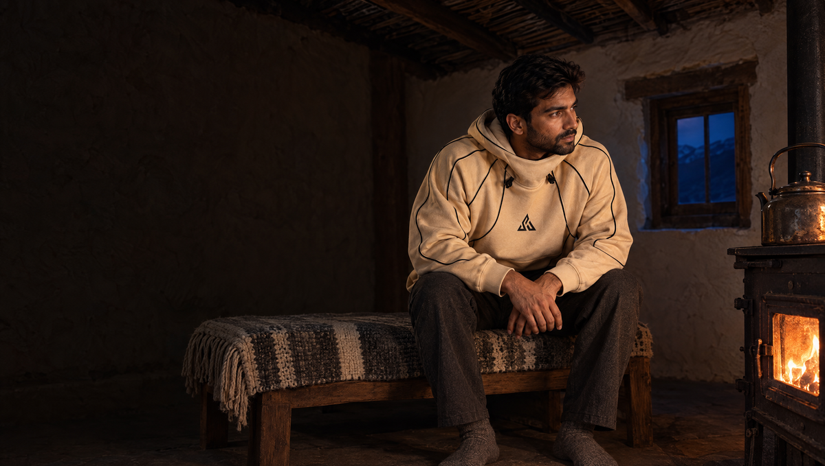 A man in the sand FUSION hoodie by a wood stove in a Spiti homestay at night