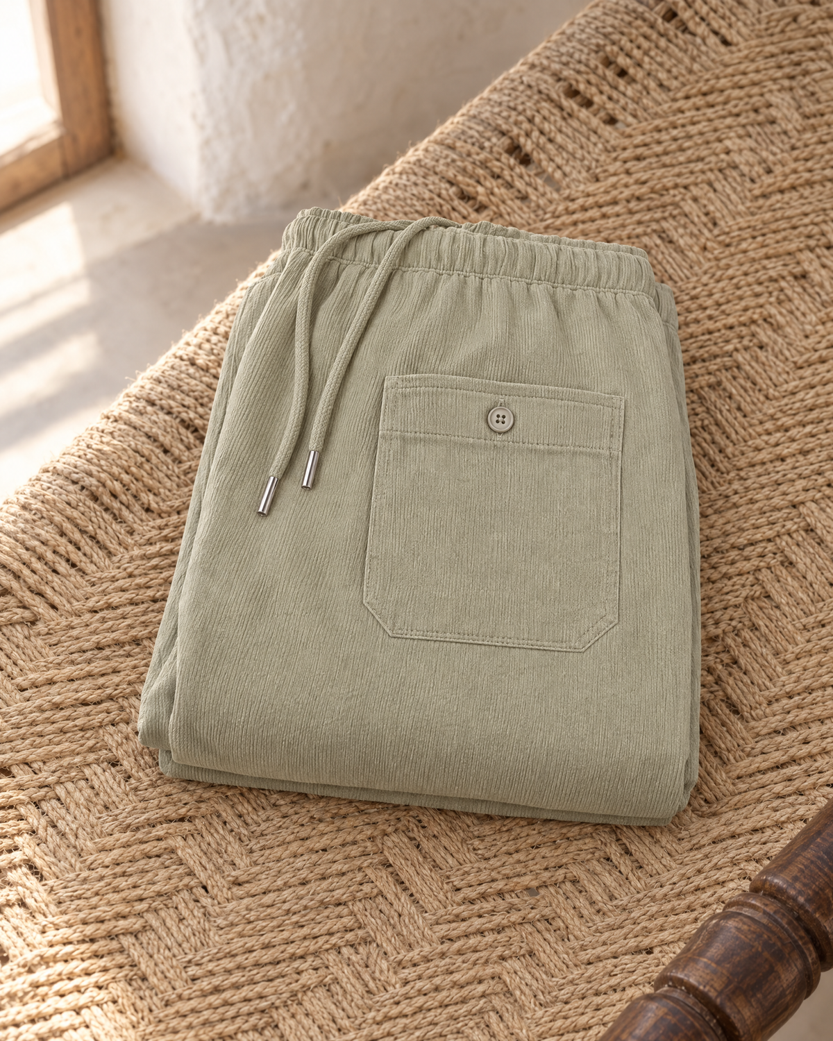 The DHOOMR cord joggers in pale sage grey, folded on a rope charpai with the buttoned back pocket showing