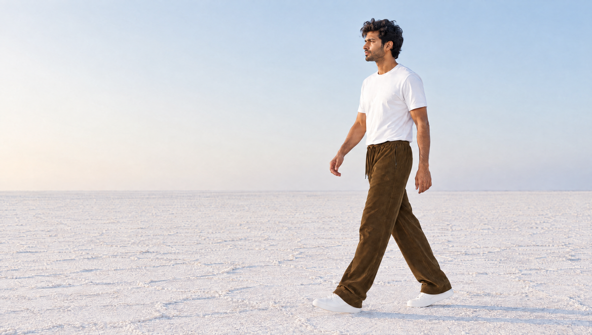 A man in the MRIDA cord joggers in deep brown and a white tee, walking across the white salt flats of the Rann of Kutch