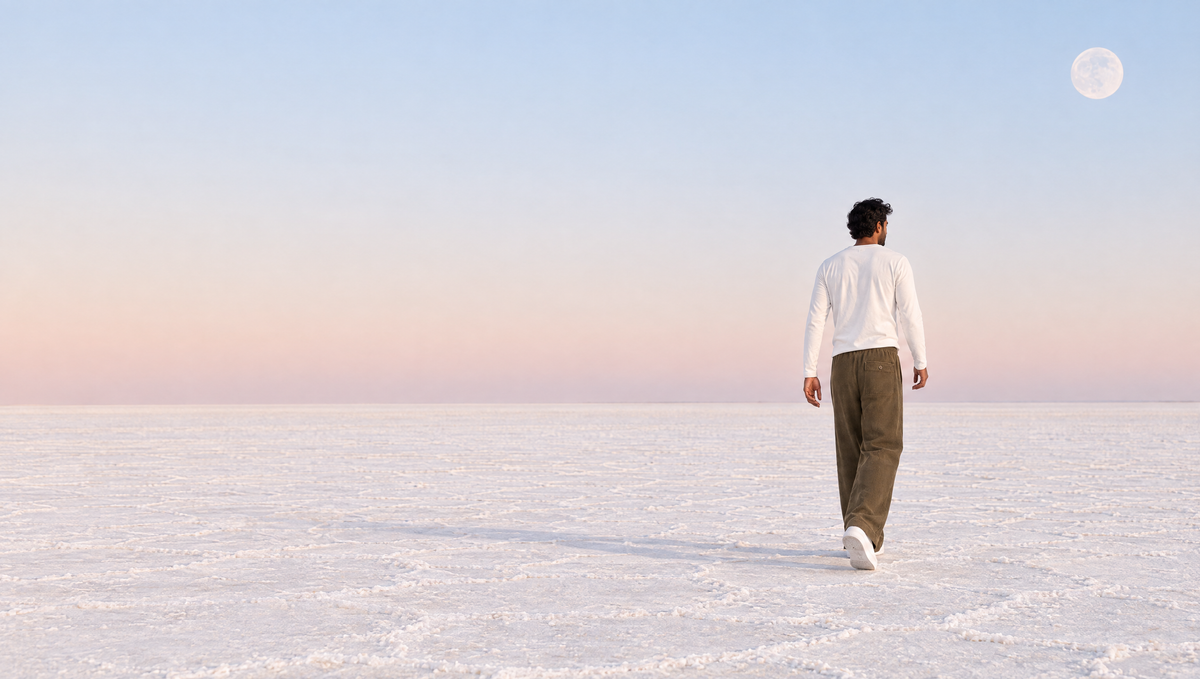 A lone figure in the VALUKA cord joggers in olive brown, walking across the salt desert under a pale moon