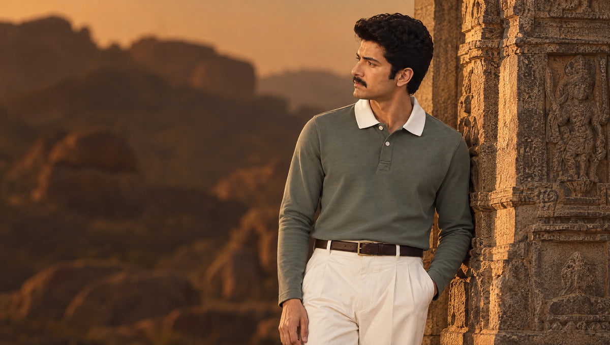 Man in the olive Full Sleeve Oxford Polo with white collar and cream trousers, leaning on a carved temple pillar in Hampi at golden hour