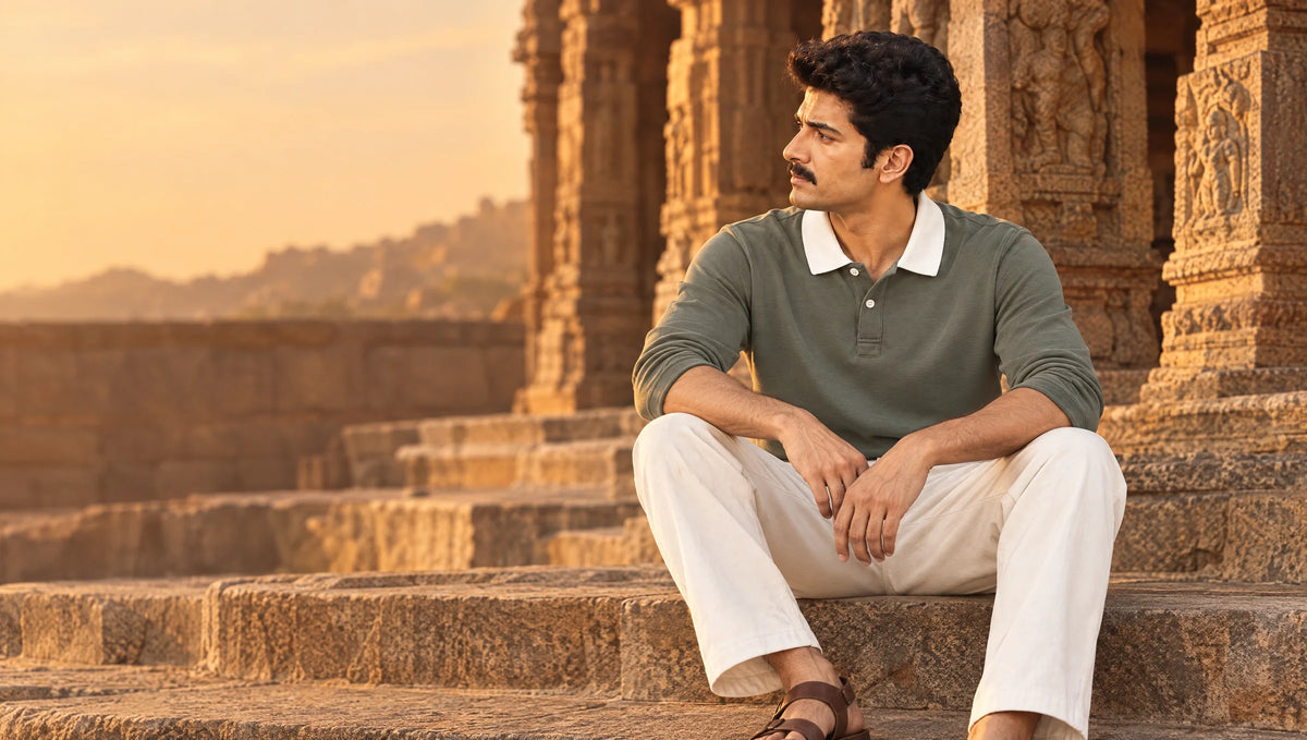Man in the olive Full Sleeve Oxford Polo sitting on granite temple steps in Hampi at golden hour