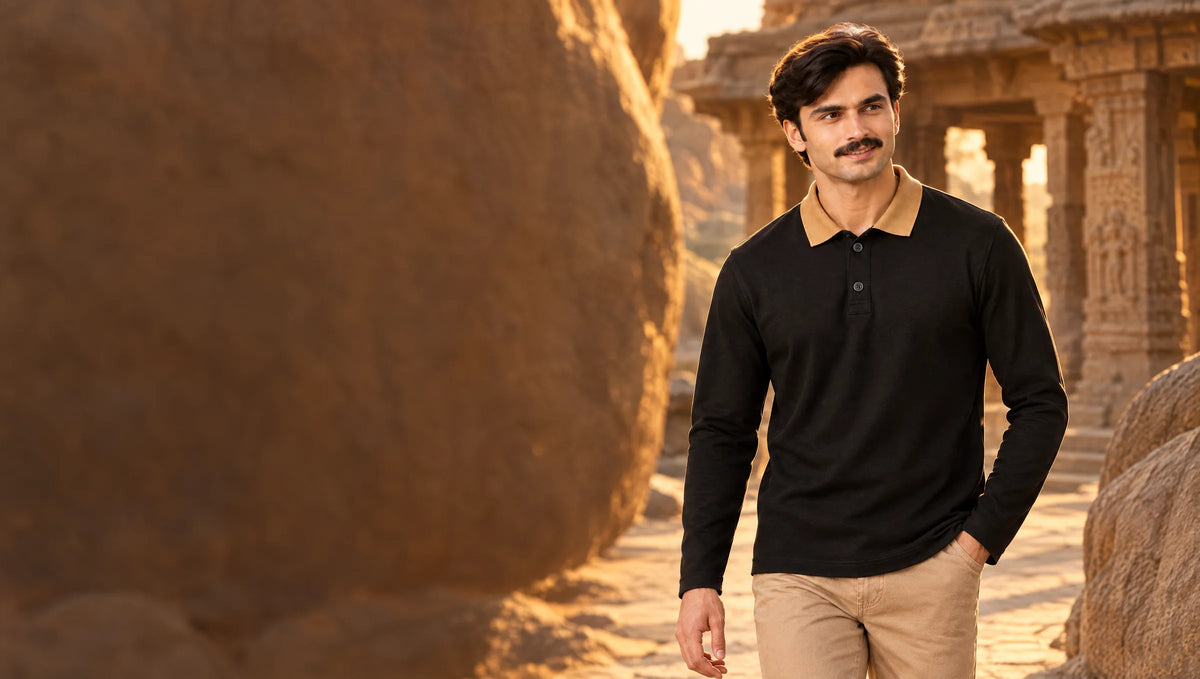 Man in the black Full Sleeve Oxford Polo with camel collar walking between granite boulders and temple pillars in Hampi