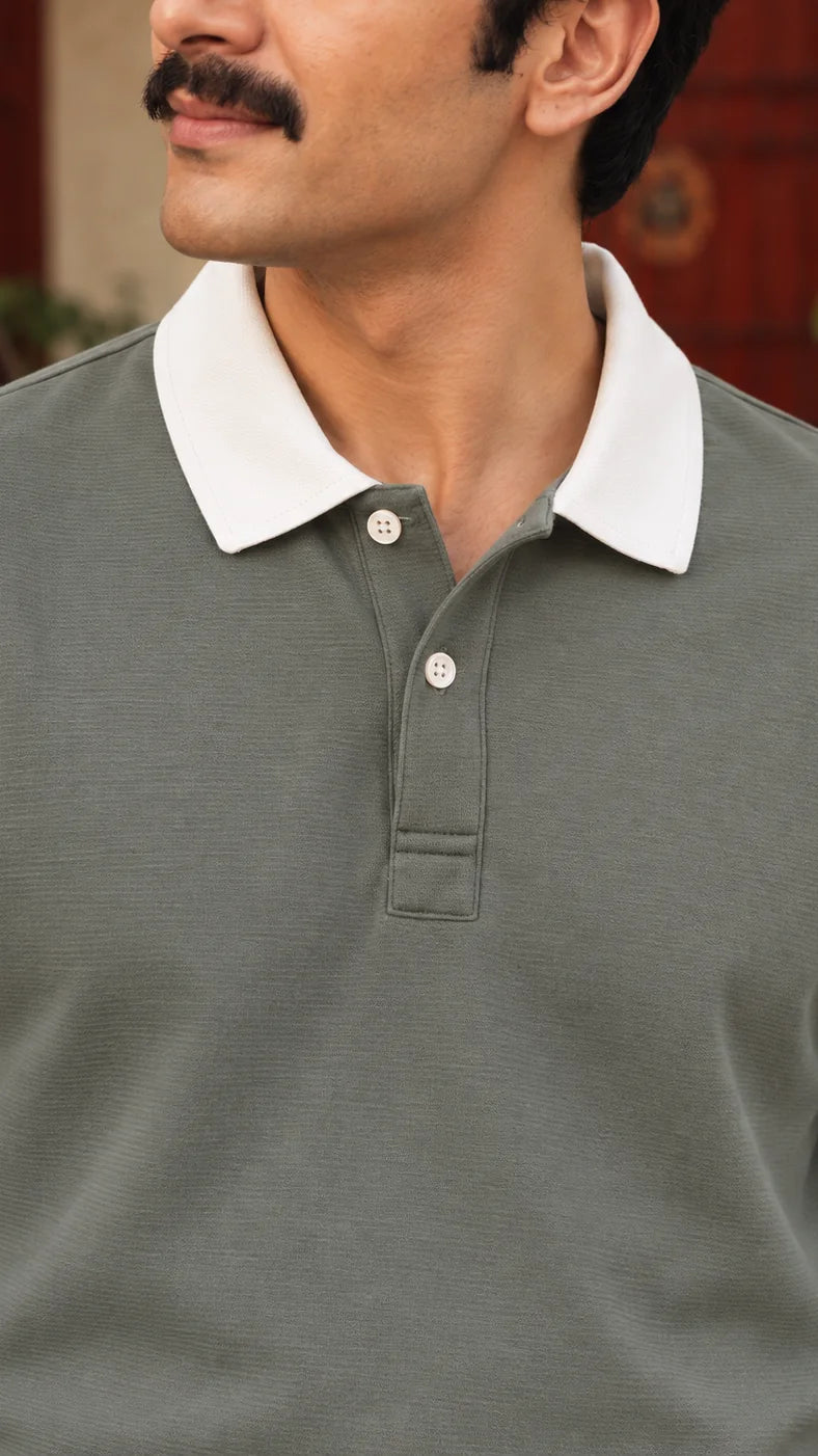 Close-up of the white collar and two white buttons on the olive Full Sleeve Oxford Polo