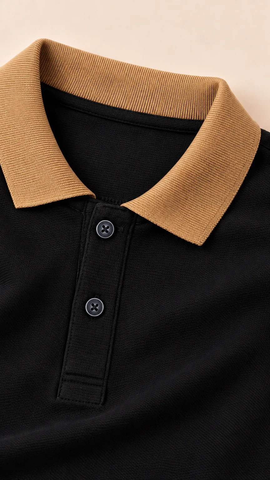 Close-up of the camel flat-knit collar and tonal buttons on the black Full Sleeve Oxford Polo