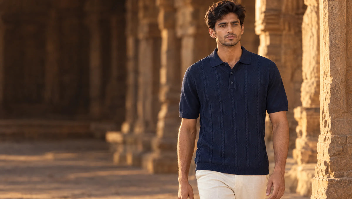 A man in the navy VANE knit polo and cream trousers walking past carved sandstone temple pillars at golden hour