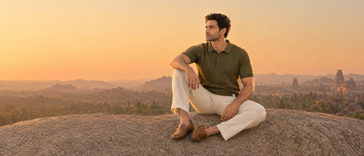 A man in the olive CORD knit polo seated on a granite boulder above Hampi at sunset