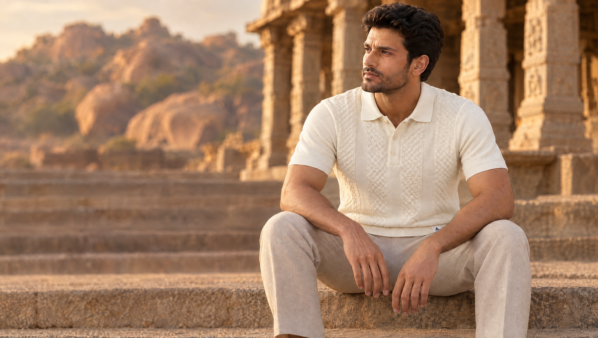 A man in the cream CORD knit polo seated on stone temple steps in Hampi
