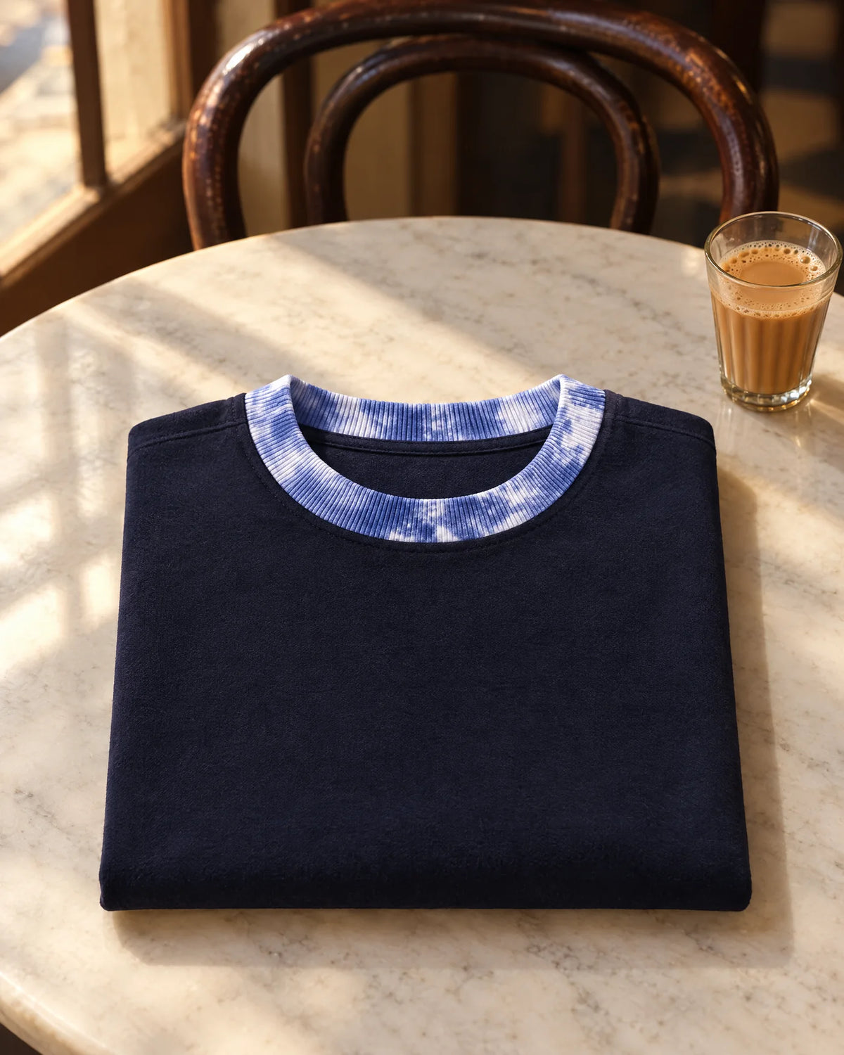 Navy tee with a tie-dye rib collar folded on a marble Irani café table beside a glass of chai