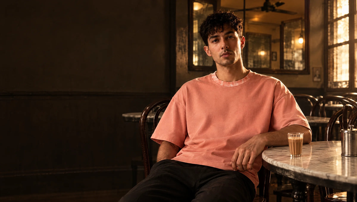 Man in a coral oversized tee with a coral tie-dye rib collar, seated at a marble table in an old Mumbai Irani café with bentwood chairs and a glass of chai