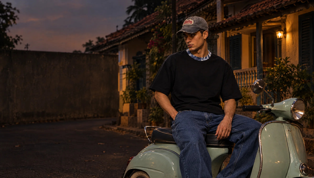 Man in a black tee with a tie-dye blue rib collar sitting on a vintage scooter in a Bandra lane at dusk