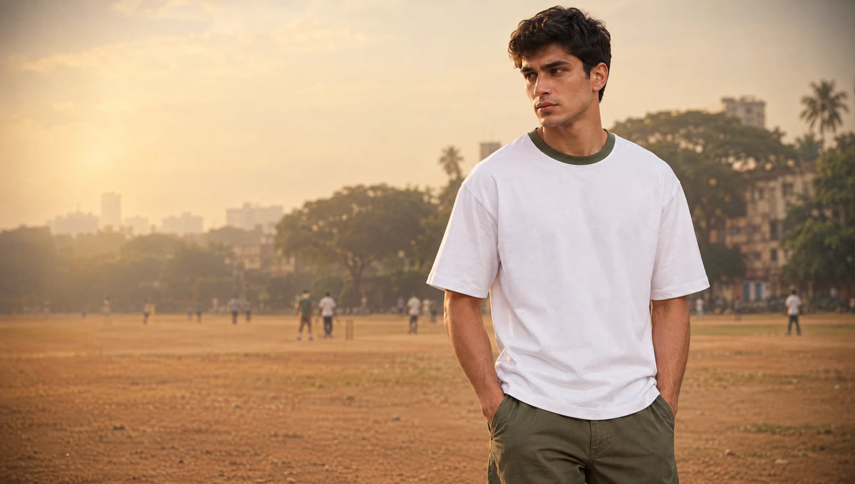 Man in a white oversized tee with an olive ringer collar standing on Shivaji Park maidan at golden hour, cricketers behind him