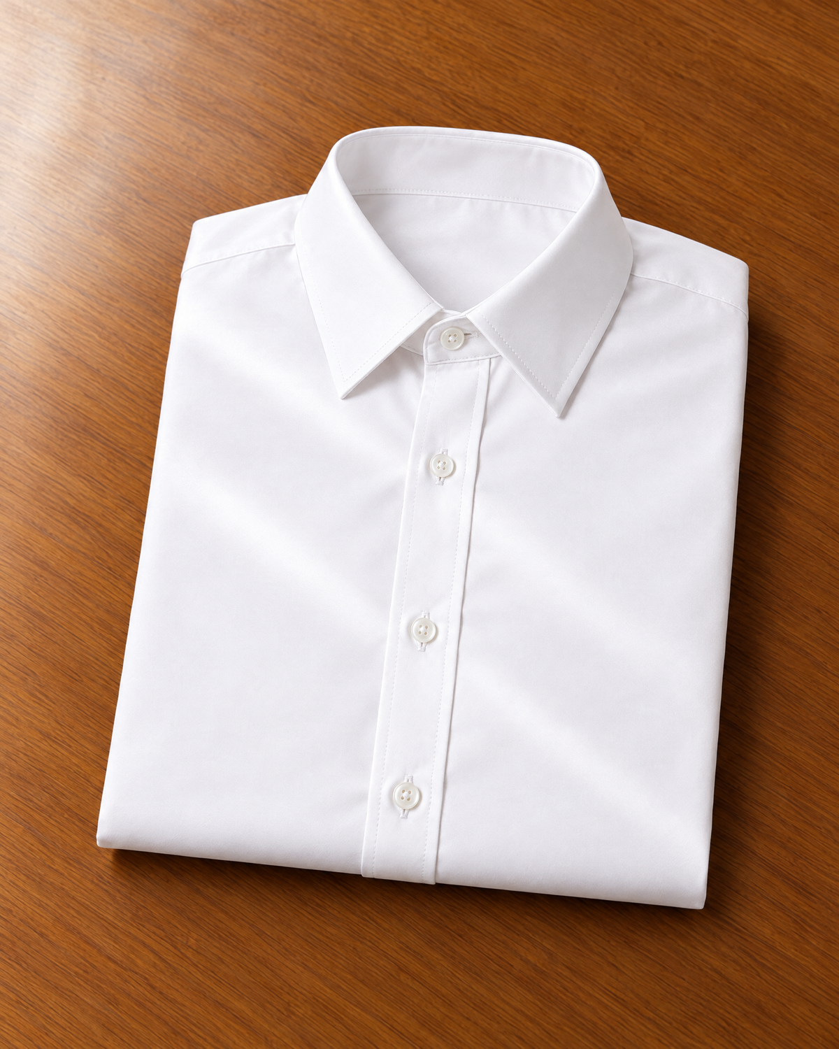 The Optic White Sateen Shirt folded on a teak desk, its sateen catching the window light