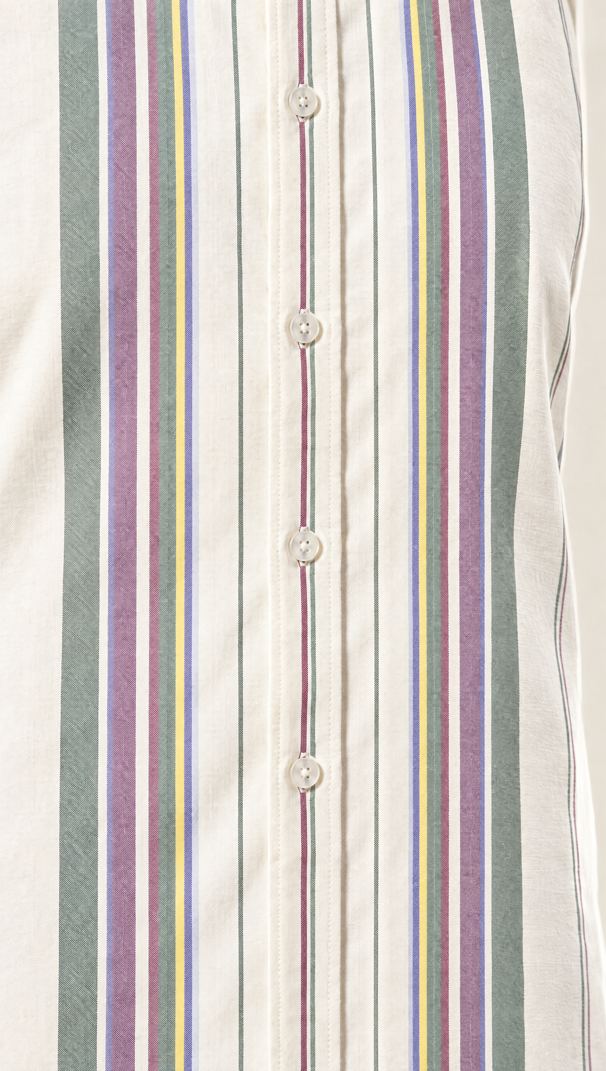 Close-up of the Ecru Awning Stripe Shirt: broad sage and rose bands with fine yellow, blue and red lines on an ecru ground
