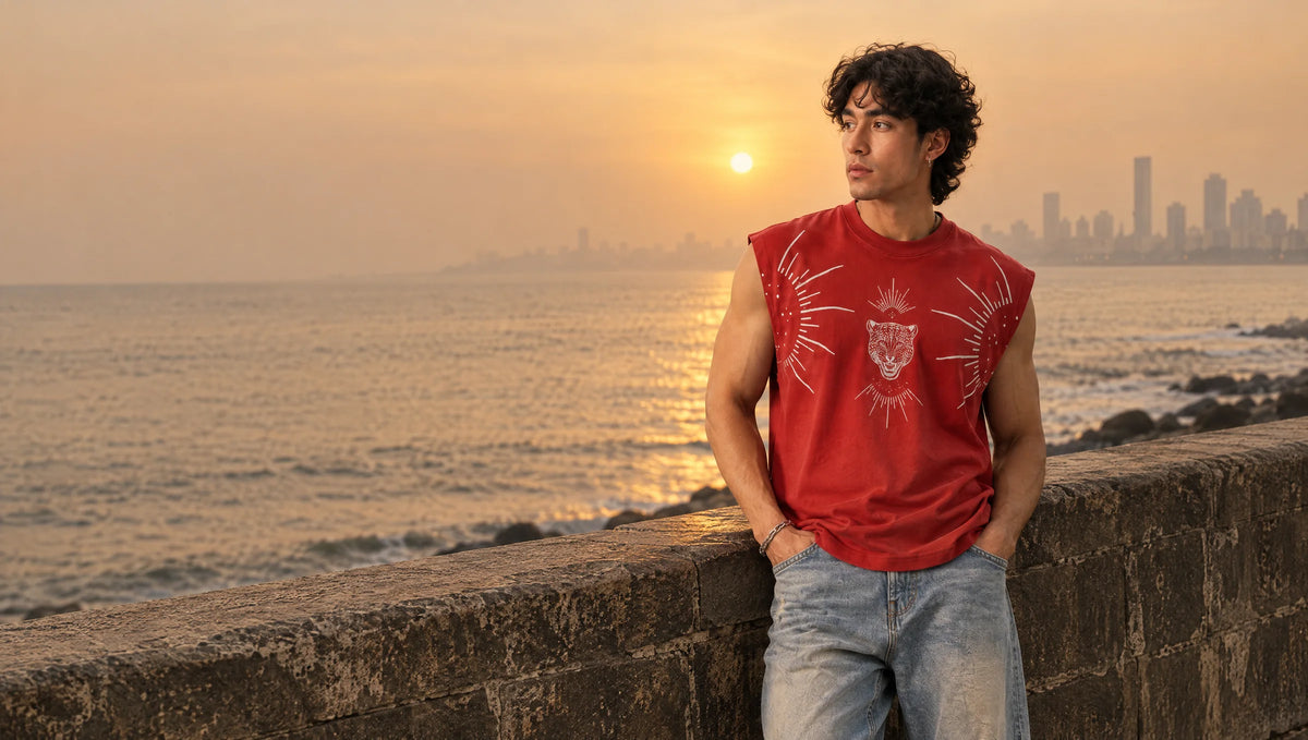 Man in a red sleeveless tee with a white line-art leopard print, leaning on the Bandra sea wall at sunset