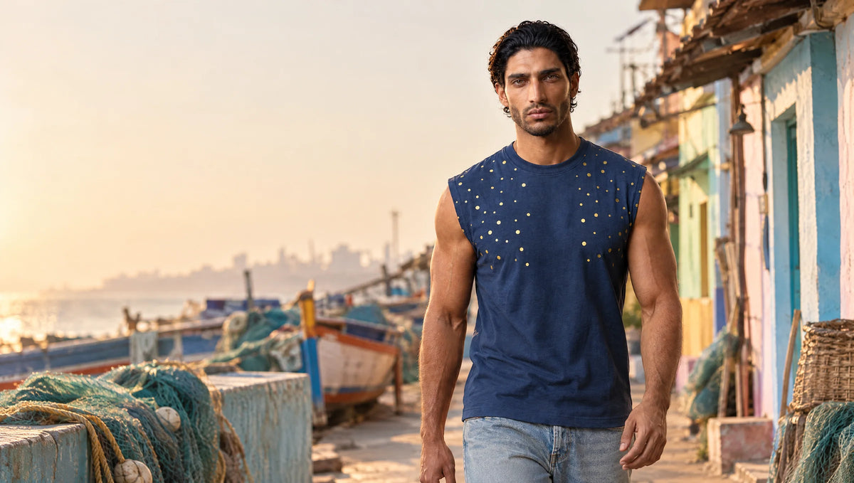 Man in a navy sleeveless tee with scattered gold dots walking through a Mumbai fishing-village lane at sunset